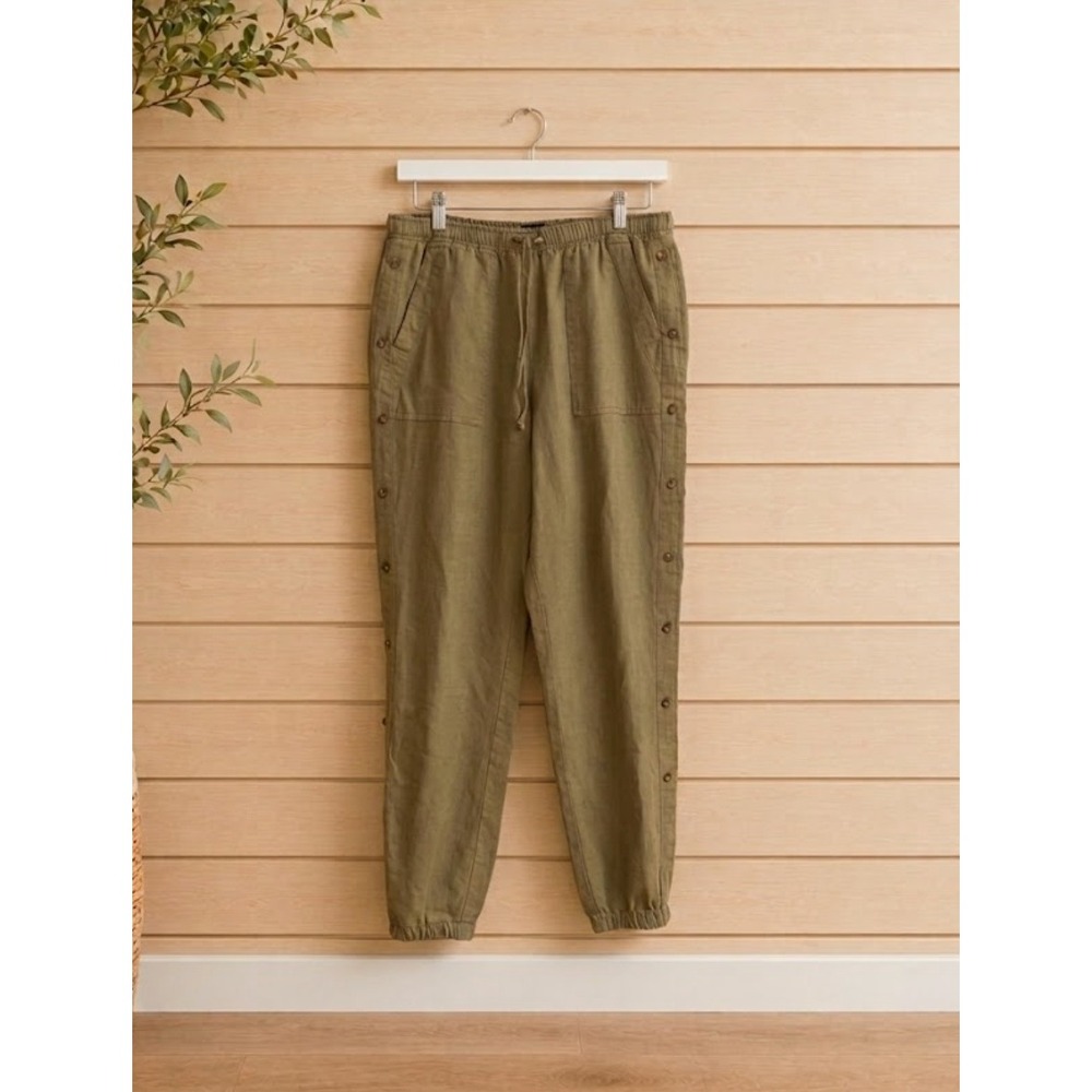 Nicole Miller Joggers Womens Medium Olive Green Linen Blend Button Side Utility